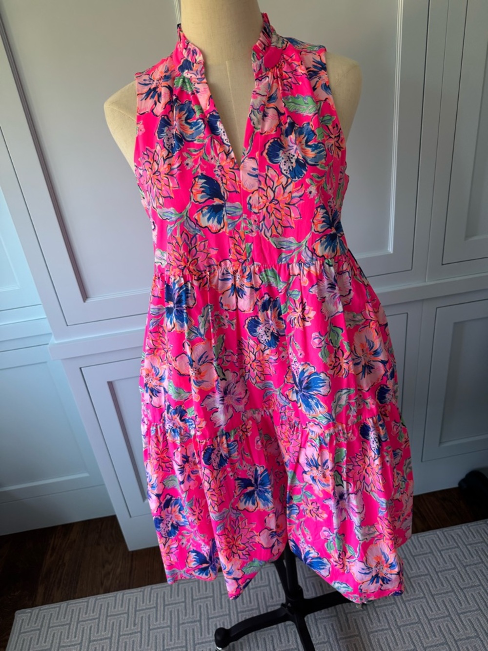 Lilly Pulitzer Hot Pink Floral dress with Navy and Green Accents